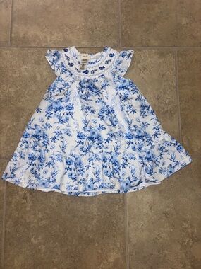 White & Blue Floral Tiered Girls' Dress with Smocked Yoke